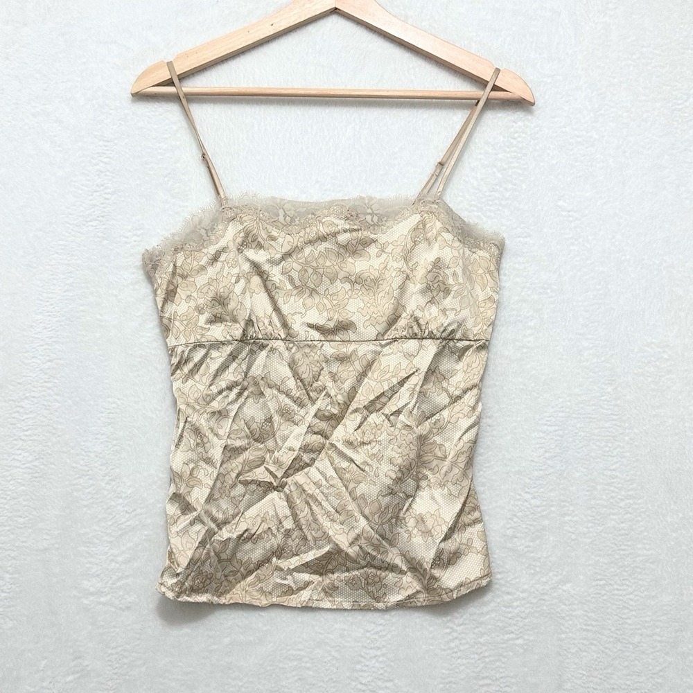 Y2k‎ Cream Lace Camisole  Lace Trim Small Floral Satin Cami Top Romantic Fairy